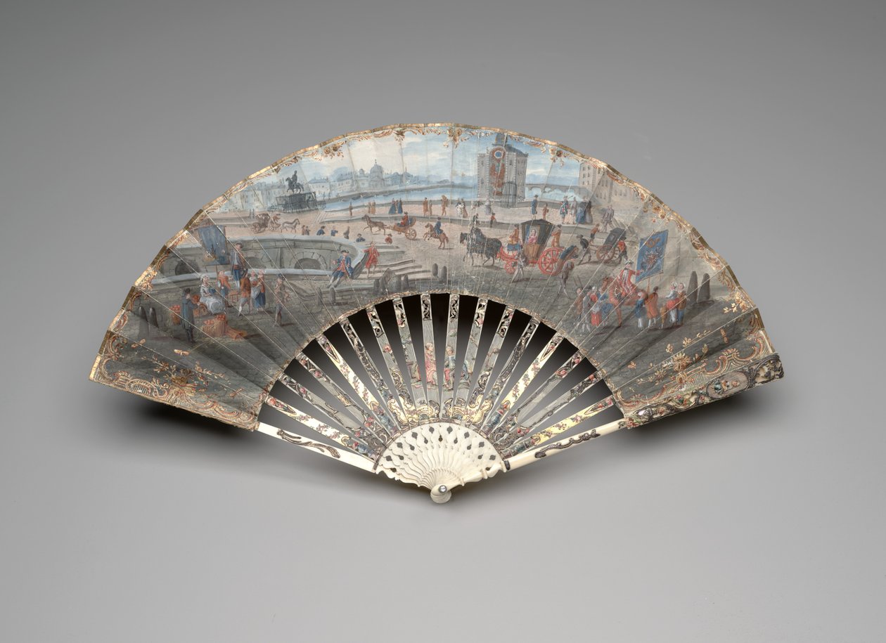 Leque dobrável com vista para Pont Neuf, c.1755-60 (guache e aquarela sobre folha de pergaminho duplo, marfim, douramento, guache, madrepérola e gemas em pasta) de Unknown artist