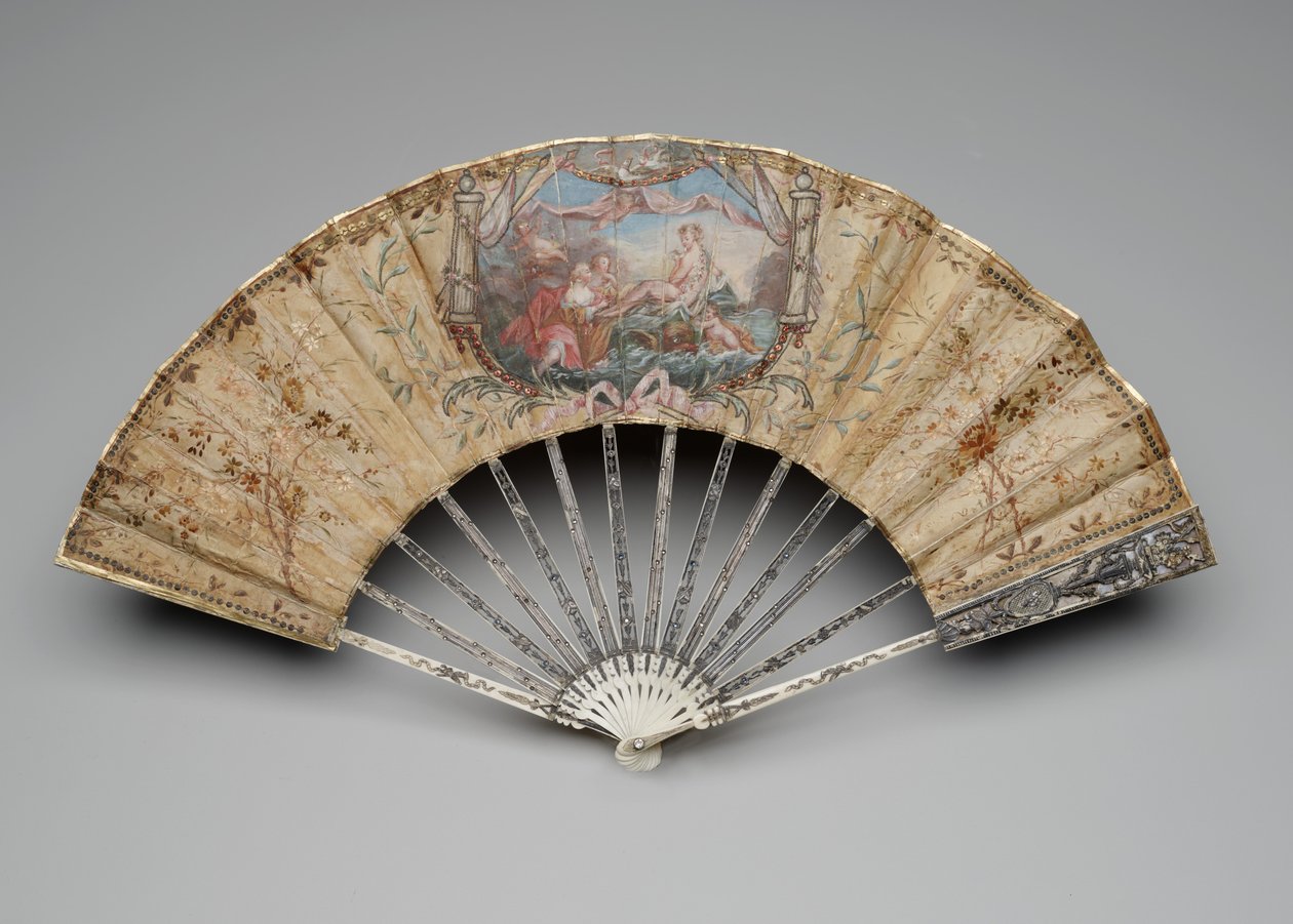 Leque dobrável com o Nascimento de Vênus, c.1770s-80s (guache em folha de seda única, palha, latão, fio metálico, osso, dourado, madrepérola e gemas em pasta) de Unknown artist