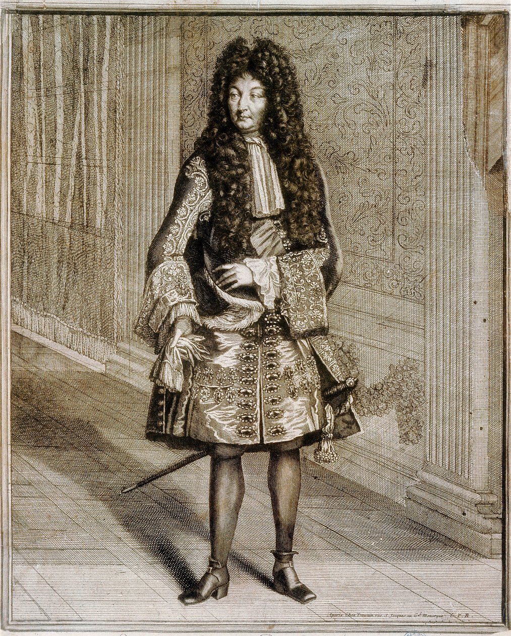 Retrato a pé do Rei Luís XIV, conhecido como Rei Sol (1638-1715). Gravura do século XVIII. Biblioteca Nacional de Madrid. de Unknown artist