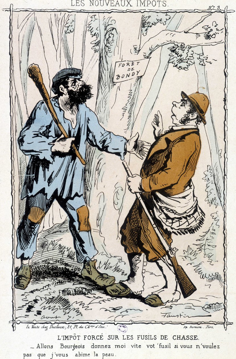 Imposto forçado sobre espingardas: "Vamos burguês, dá-me a tua arma rapidamente se não queres que te estrague a pele" - caricatura sobre os "novos impostos" de Unknown artist