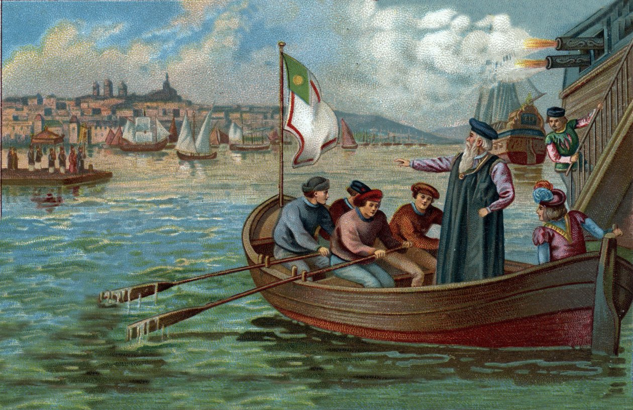 Antigos centros comerciais: regresso de Vasco de Gama (1469-1524), navegador português ao Porto, Portugal. Cromolitografia do final do século XIX de Unknown artist