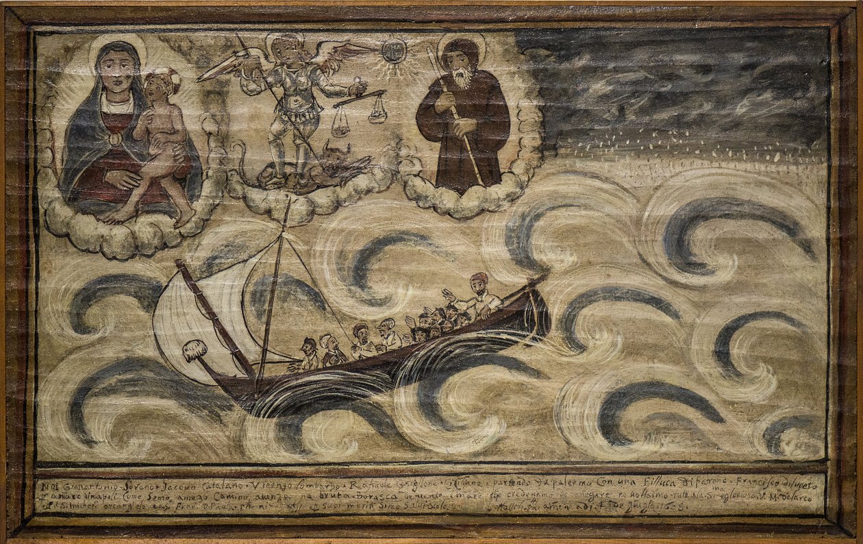 Ex-voto (ex voto) marinheiro, oferta popular como penhor de devoção e gratidão do marinheiro sobrevivente aos perigos do mar vindo da Igreja de Carmine, Torre del Greco, perto de Nápoles de Unknown artist