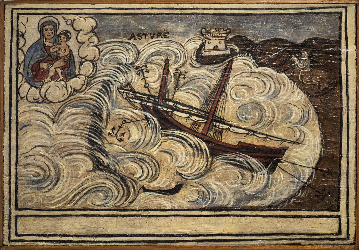 Antigo marinheiro de voto (ex voto), oferta popular como penhor de devoção e gratidão do marinheiro sobrevivente aos perigos do mar provenientes da Igreja de Carmine, Torre del Greco, perto de Nápoles, Itália do século XIX de Unknown artist