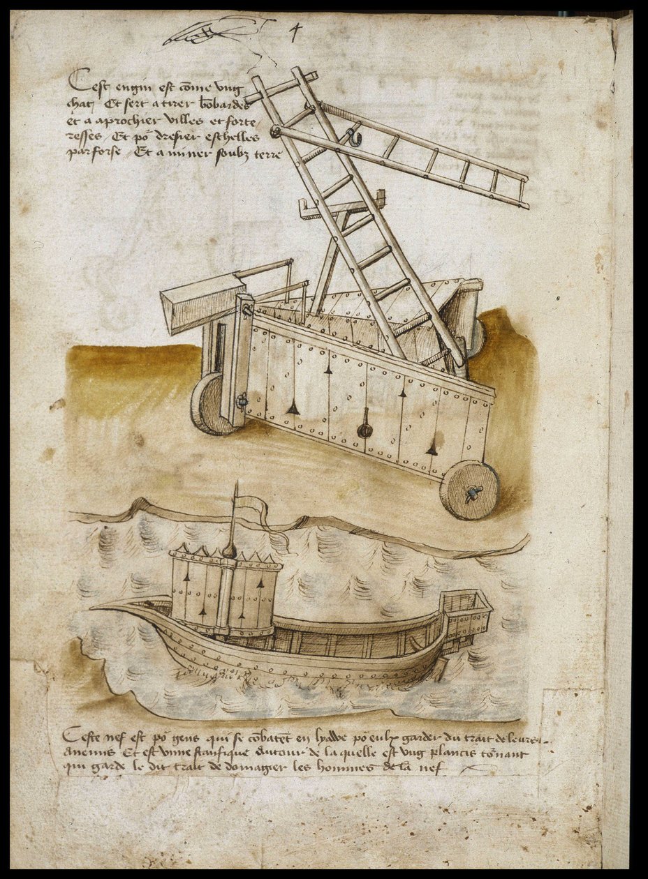 Fortress Approach and Ship - Manuscrito: folha de pergaminho de um manual de engenharia para a construção de edifícios civis, religiosos e militares, anónimo, final do século XV (figura em tinta chinesa) de Unknown artist