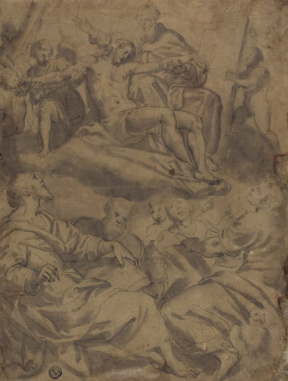 Quatro evangelistas e a visão de Deus segurando Cristo morto com os instrumentos da paixão de Unknown artist