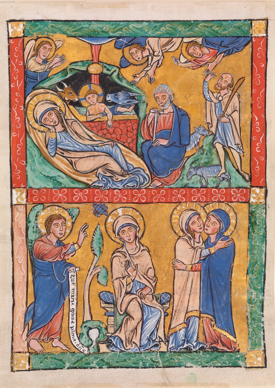 Quatro Cenas do Novo Testamento: A Anunciação e a Visitação (abaixo); A Natividade e Anunciação ao Pastor (acima) de Unknown artist