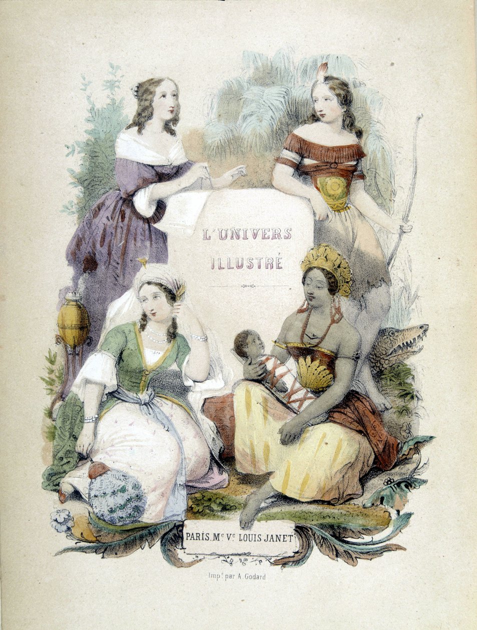 Quatro mulheres representando os quatro cantos do mundo - frontispício de "O Universo Ilustrado": Geografia Viva", de Alfred des Essarts de Unknown artist