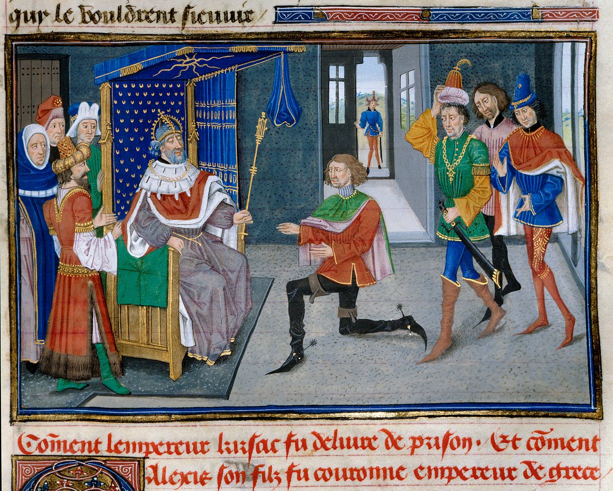 Quarta Cruzada: representação de Alexis IV Angel (1182-1204) é coroa imperatriz ao lado de seu pai Isaac II, depois de ter conseguido tirá-lo da prisão em 1203. Miniatura de "Chronicle abregee" de David Aubert de Unknown artist