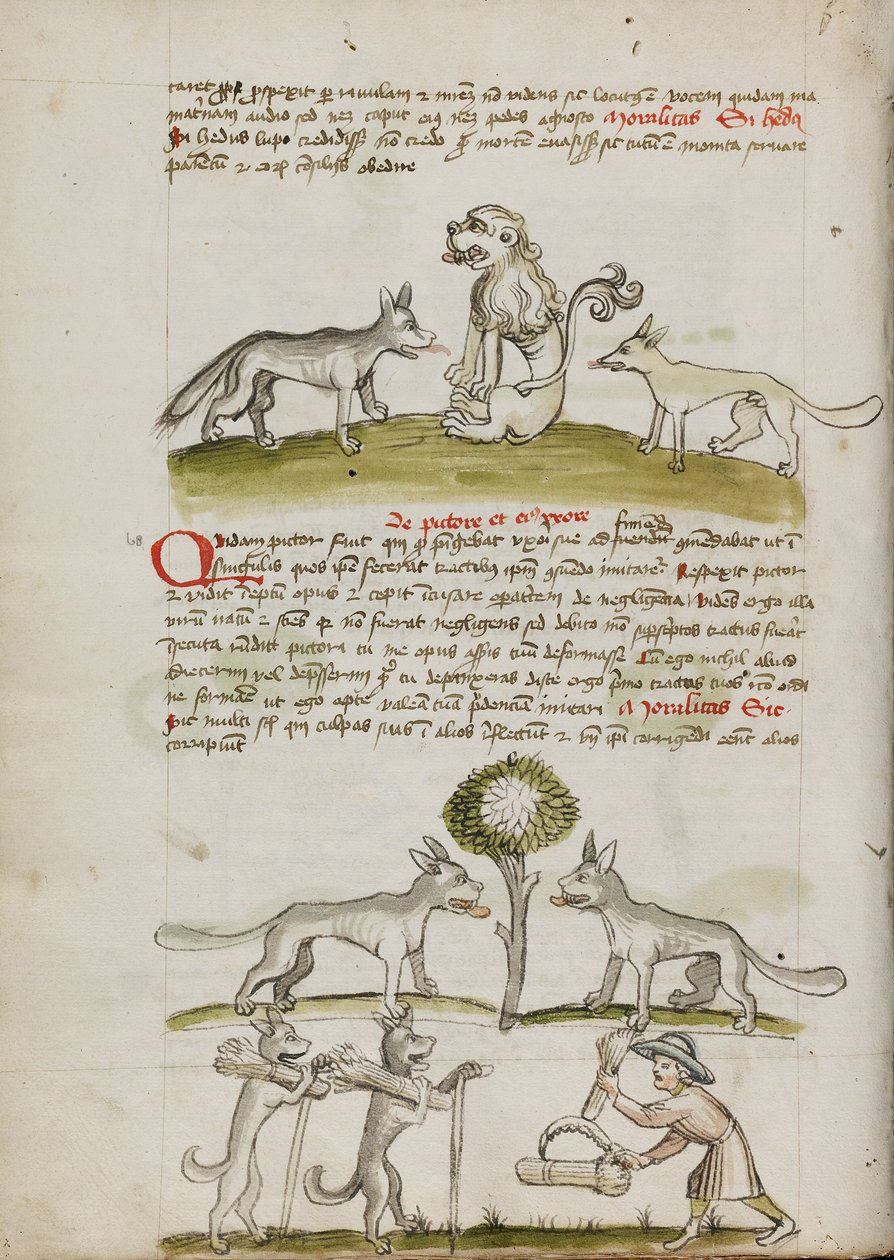 Raposa e lobo diante de um leão; dois lobos debaixo de uma árvore a arrastar fardos de trigo; um agricultor a enfardar feixes de trigo de Unknown artist