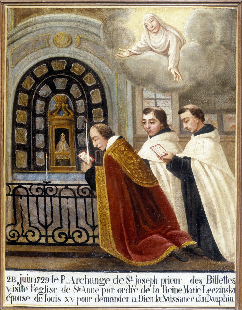 Padre Arcanjo de São José, Prior dos Billettes, visita a igreja de Santa Ana por ordem da Rainha Maria Leszczynska, esposa de Luís XV para pedir a Deus o nascimento de um golfinho, 28 de Junho de 1729 - Ex-Voto Sainte Anne d