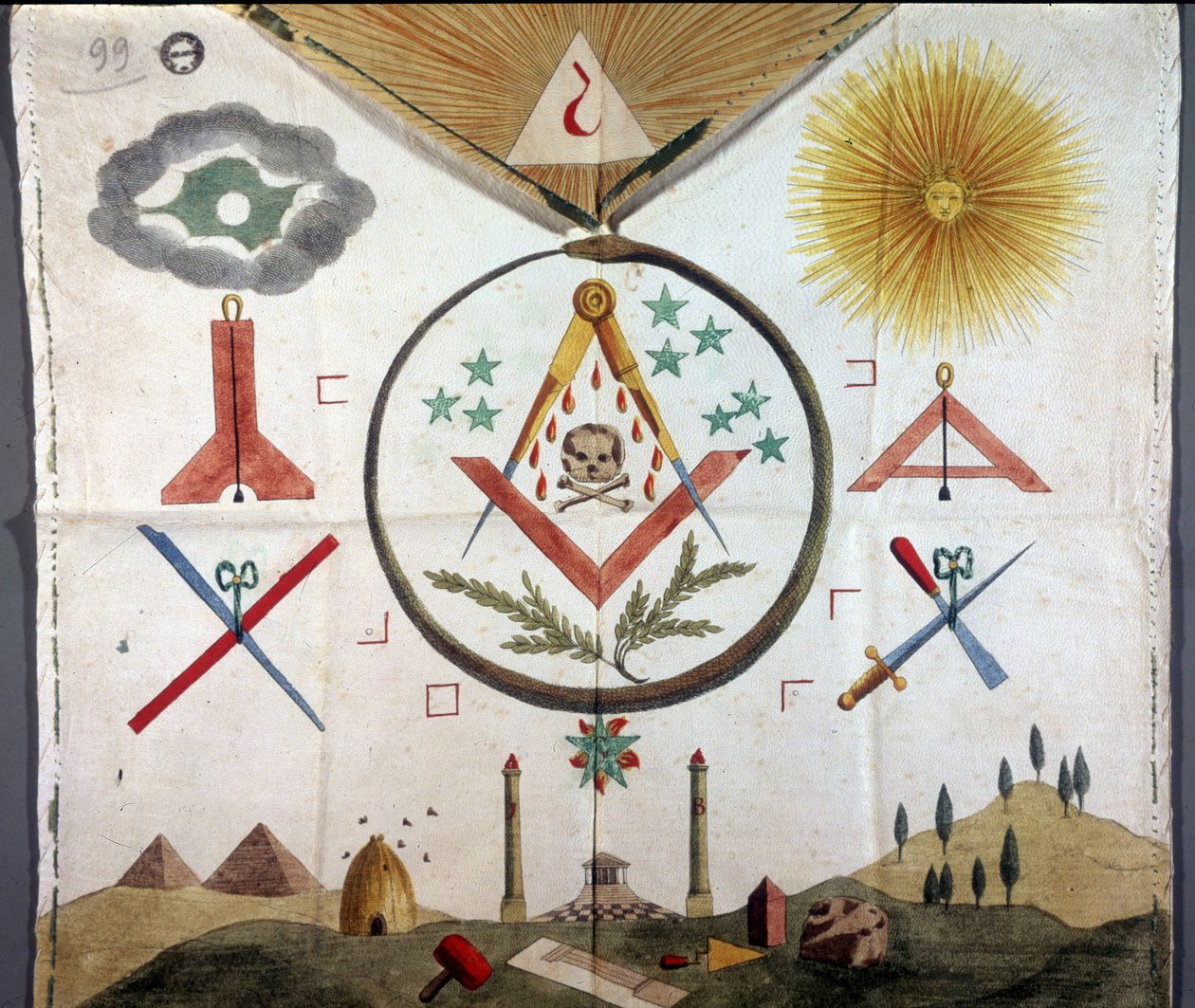 Franc-Maconnerie: Emblemas maconómicos num avental de um macon da ordem do rito francês do século XVIII ou XIX. Archivio di Stato de Milão de Unknown artist