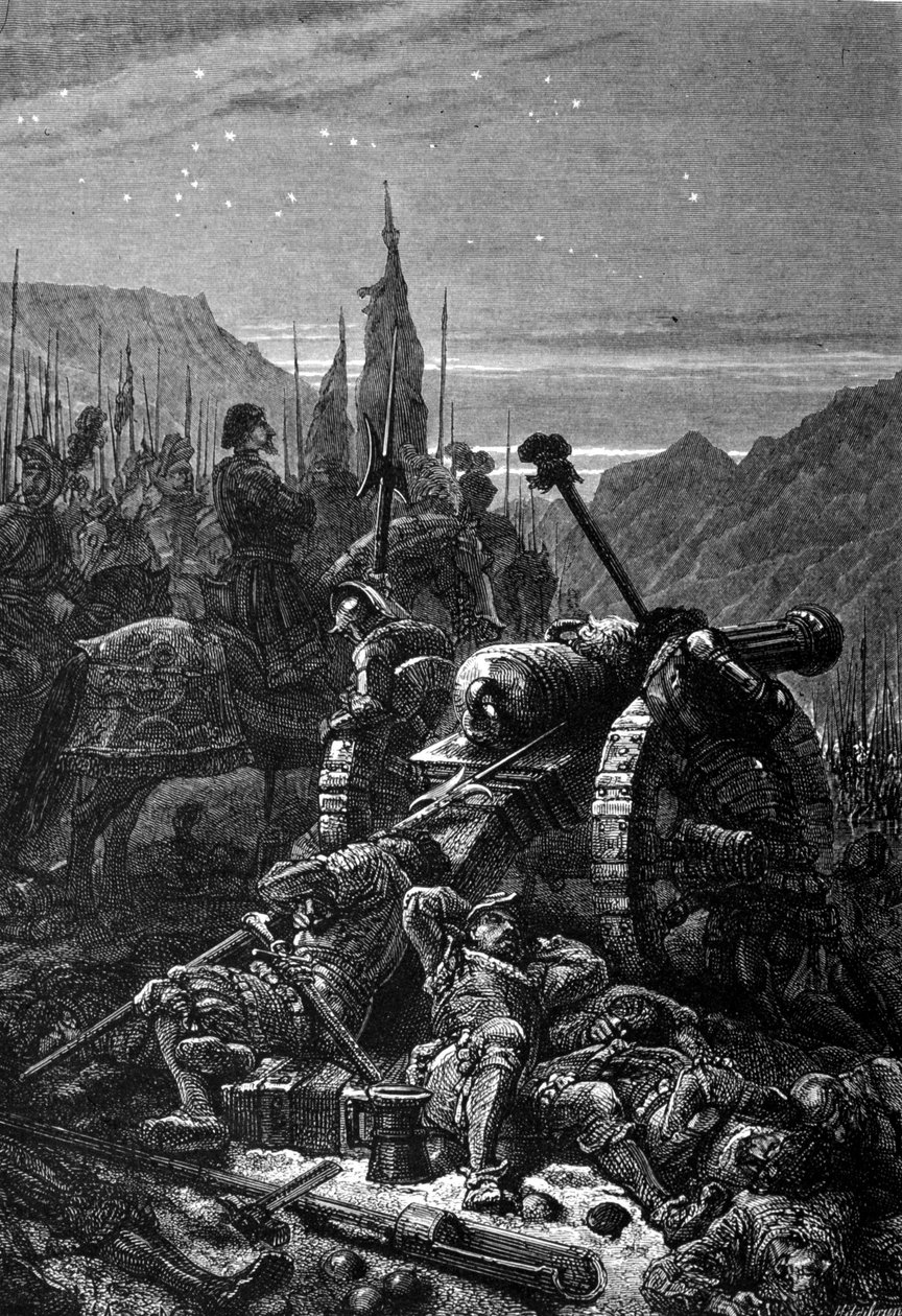 François I (1494 - 1547) permaneceu na sela na noite anterior à Batalha de Marignan, em setembro de 1515. Gravura do século XIX. de Unknown artist