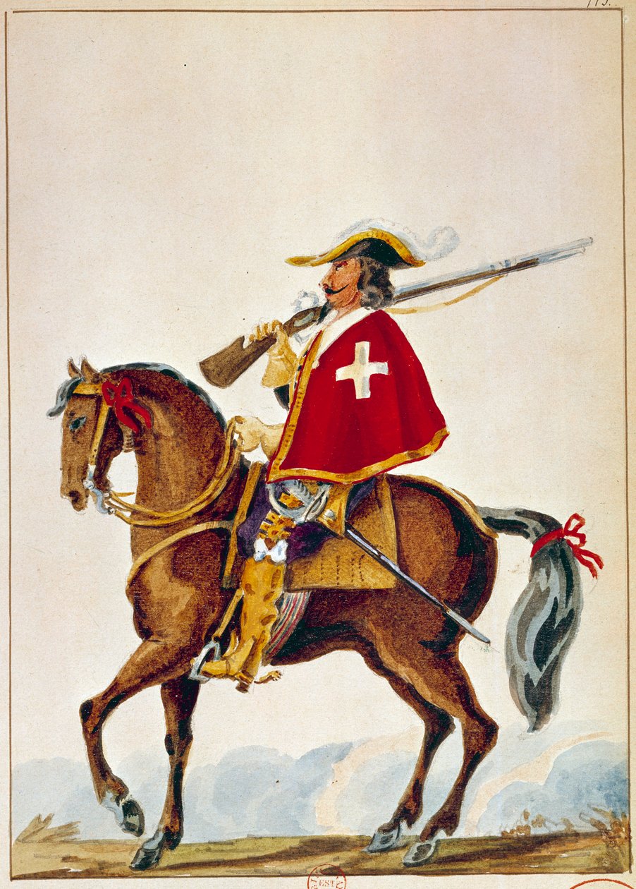 Armee francês: De Valmont, mosqueteiro da guarda do Cardeal Richelieu. Gravura do século XVII. Paris, B N de Unknown artist