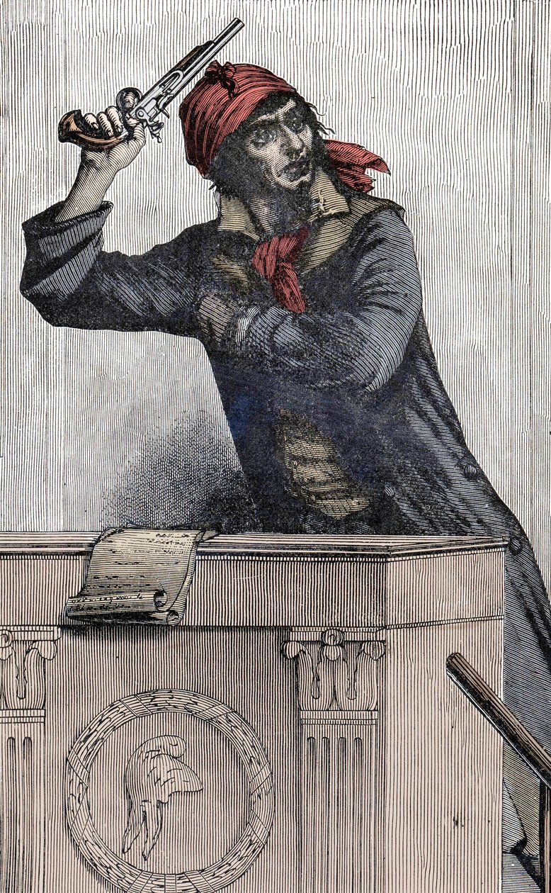 Revolução Francesa: Retrato de Jean Paul Marat (1743-1793), deputado Montagnard na Convenção, ramifica uma pistola no pódio - de Unknown artist