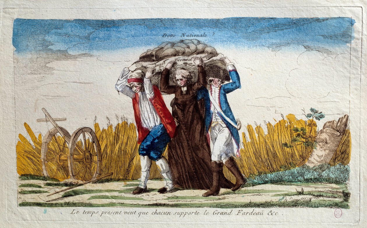 Revolução Francesa: "O tempo presente exige que todos carreguem o grande fardo" Um camponês, um membro do clero e um soldado que carrega três o peso da dívida nacional. Cartum do fim do século XVIII Paris, Musee Carnavalet de Unknown artist