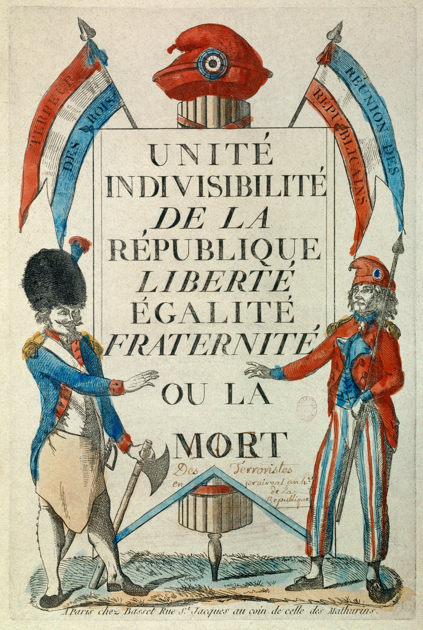 Revolução Francesa: "Unite, indivisibilite de la Republique "Liberte, Egalite, Fraternite ou la mort" Manifesto de propaganda com sem cuecas e sem galo. Estampas de 1794 Paris, Musee Carnavalet de Unknown artist