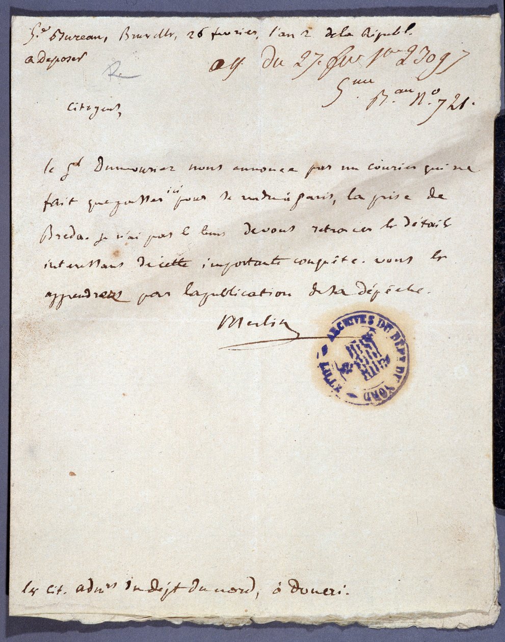 Revolução Francesa: carta manuscrita datada de 26/02/1793 de uma denominação Merlin sobre a captura da cidade de Breda, na Holanda, em 24 de Fevereiro, pelo General Dumouriez. Arquivos departamentais de Nord Lille de Unknown artist