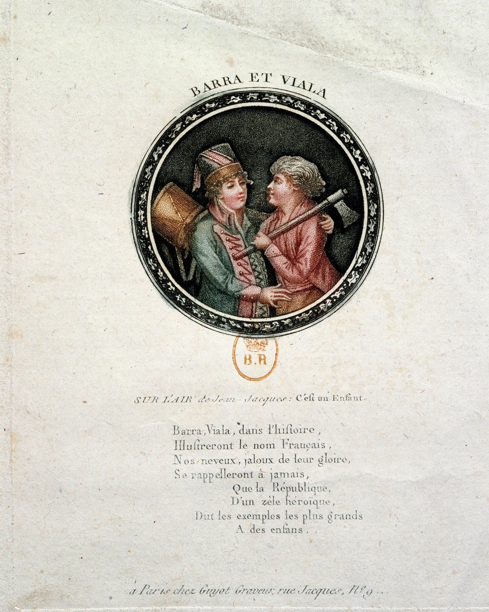 Revolução Francesa: representação de Barra e Viala. Joseph Agricol Viala (1780-1793) e Joseph Bara (1780-1793), heróis filhos da Revolução Francesa que lutaram respectivamente em Marselha e em Vendee pela Republique. Gravura do século XVIII de Unknown artist