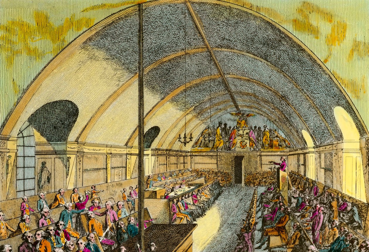 Revolução Francesa: representação de uma sessão da sociedade política "Societe des amis de la Constitution" ou Club des Jacobins fundada em Versalhes em 1789 e em Paris em outubro de 1789 no Convento de Jacobins aqui representado. Gravura do dia 18 de Unknown artist