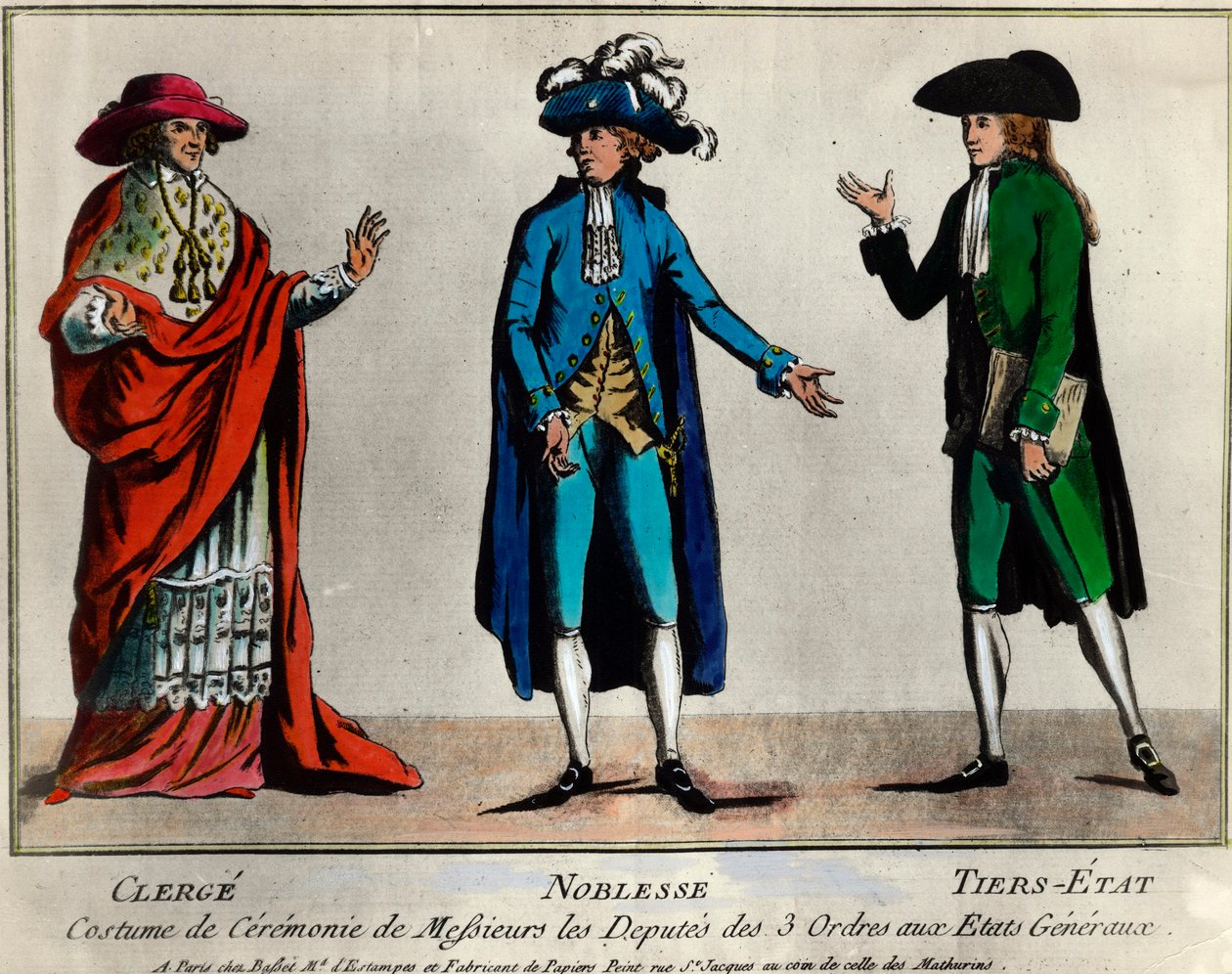 Revolução Francesa: representação dos delegados das três ordens nos Estados Gerais em traje cerimonial: o clero, a nobreza e o terceiro Estado (Estados Terceiros). Impressão do final do século XVIII Coleção Privada de Unknown artist