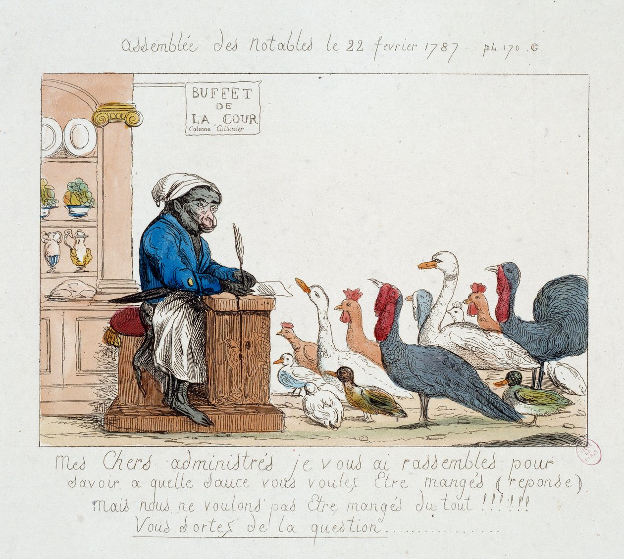 Revolução Francesa: "the Assembllee des notables du 22 de Fevereiro de 1787" Caricatura representando o Rei Luís XVI em cozinheiro macaco presidindo a uma assembleia composta por perus, galinhas, gansos e perus. Desenho do século XVIII. Carnaval do Musée d de Unknown artist