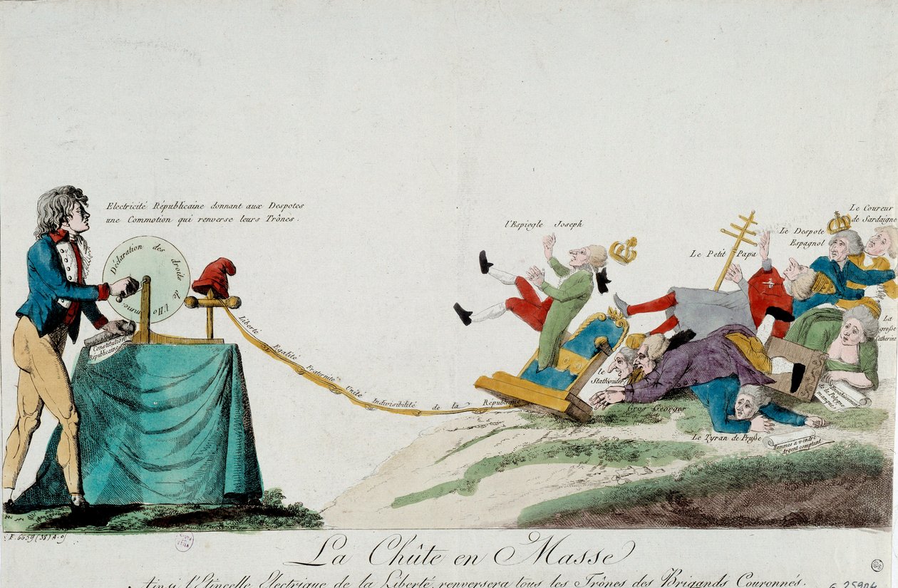 Revolução Francesa: o fim do despotismo. Um homem envia descargas eléctricas (manivela dos direitos humanos) aos governantes europeus que caem do seu trono. Gravura por volta de 1789. Paris, Musee Carnavalet de Unknown artist
