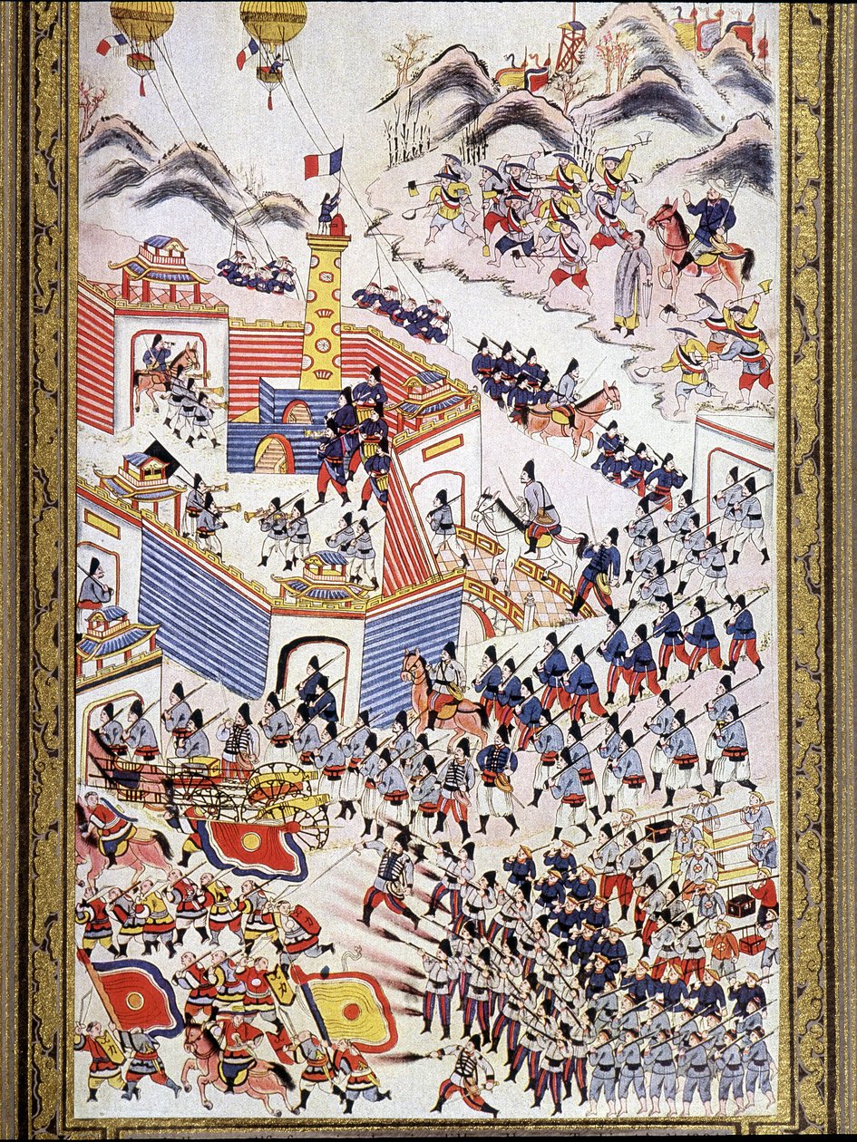 Balões franceses em cativeiro na captura de Hong Hoa em Tonkin, Agosto de 1884. de Unknown artist
