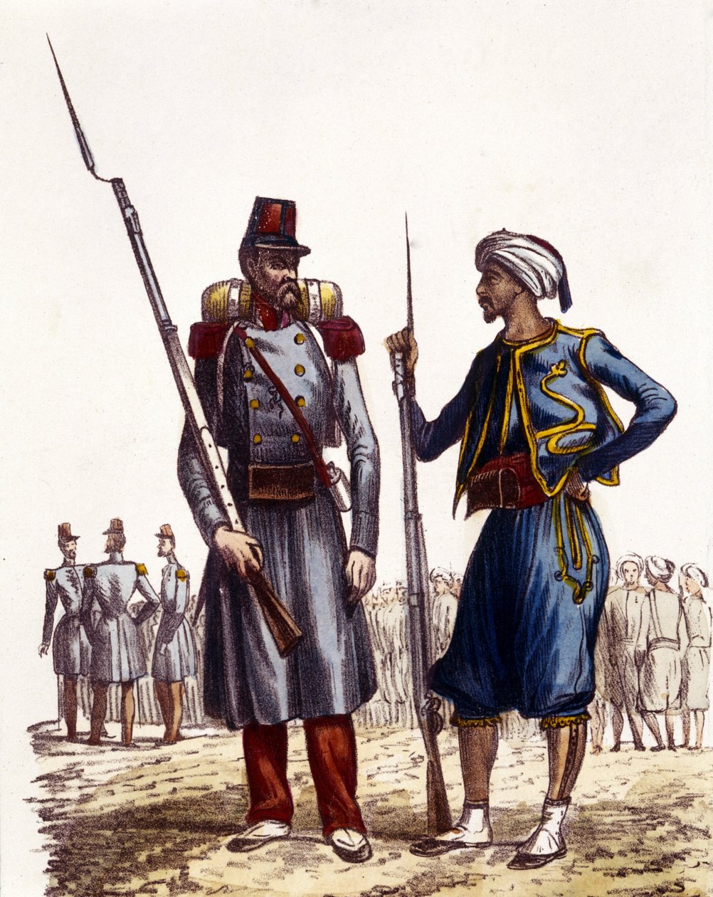 Uniforme militar francês: À esquerda, uma legião estrangeira formou-se e foi enviada para a Argélia em 1831. À direita, cavaleiros indígenas, treinados e enviados para a Argélia em 1841. Em L