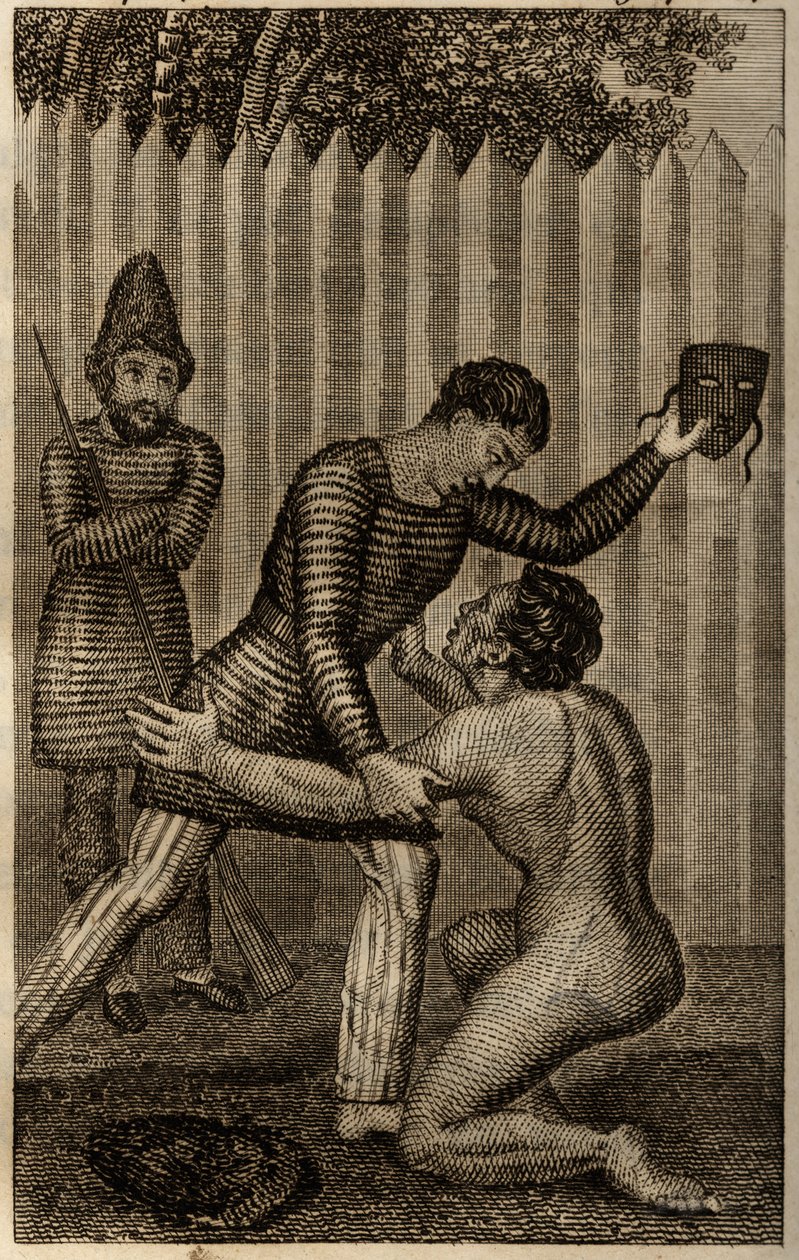 Sexta-feira é jogada nos braços de Robinson Crusoe, gravura inserida em “Les aventures de Robinson Crusoe” de Daniel Defoe de Unknown artist