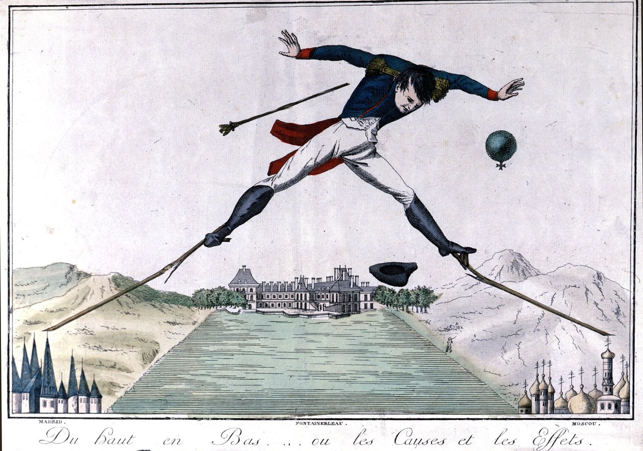 De cima para baixo... ou causas e efeitos. Desenho animado sobre a abdicação de Napoleão I para Fontainebleau após a Guerra Espanhola e a retirada russa. 1814. . Milão de Unknown artist