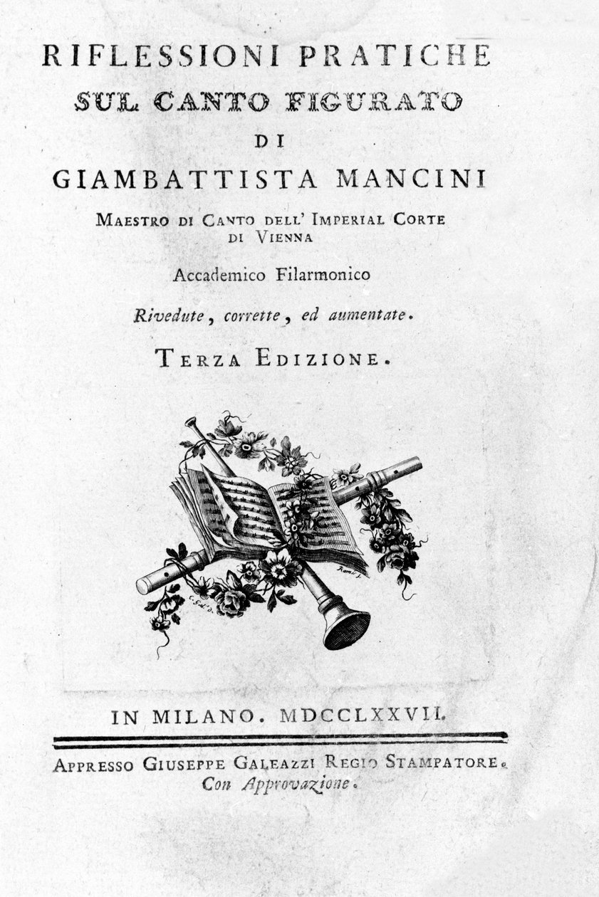 Frontispice de "Pensieri e riflessioni pratiche sul canto figurato" do teórico e castrado italiano Giovanni Battista Mancini (1716 - 1800). 1777. de Unknown artist