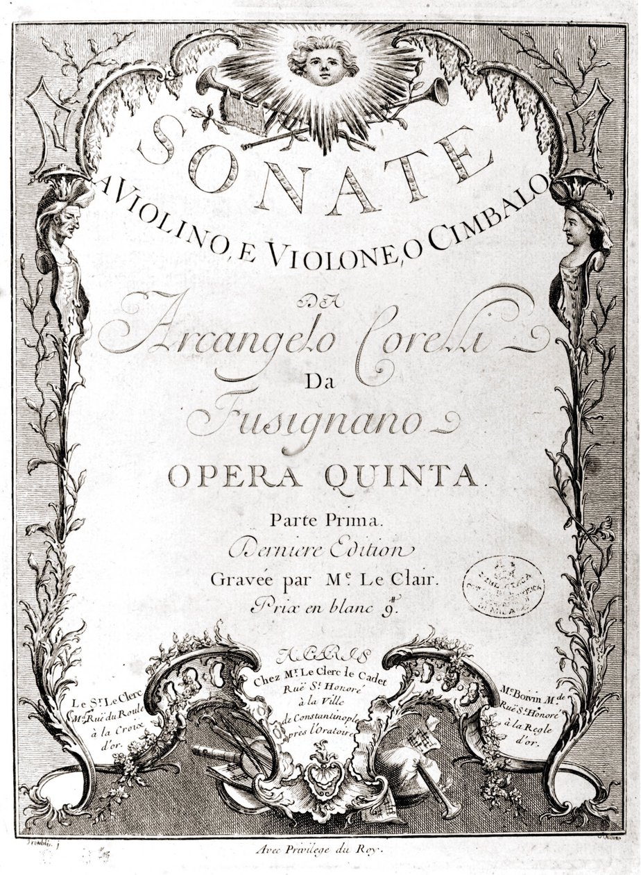 Frontispício de 12 sonatas para violino, baixo e cravo por Arcangelo Corelli (1653 - 1713). Versão em francês. de Unknown artist