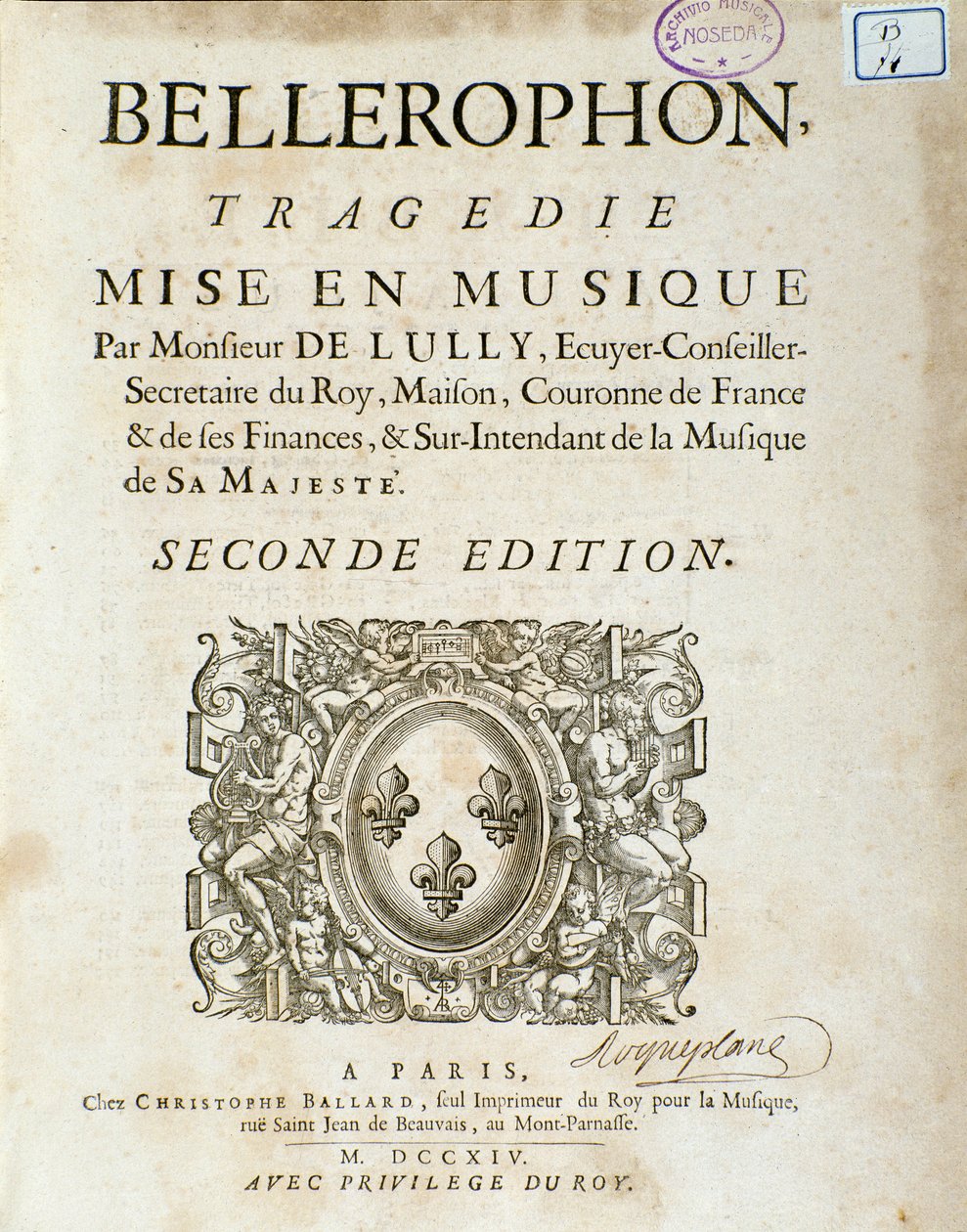 Frontispício da tragédia "Bellerophon" Lyrique em cinco atos com um prólogo de Jean Baptiste Lully (Giovanni Battista Lulli) (Jean-Baptiste) (1632-1687). 1714. de Unknown artist