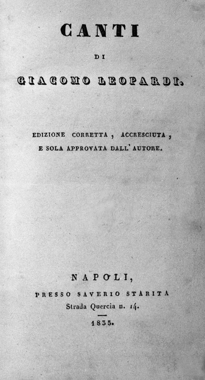 Frontispício do "Canti" (Cantos) do poeta italiano Giacomo Leopardi (1798 - 1837) 1835 de Unknown artist