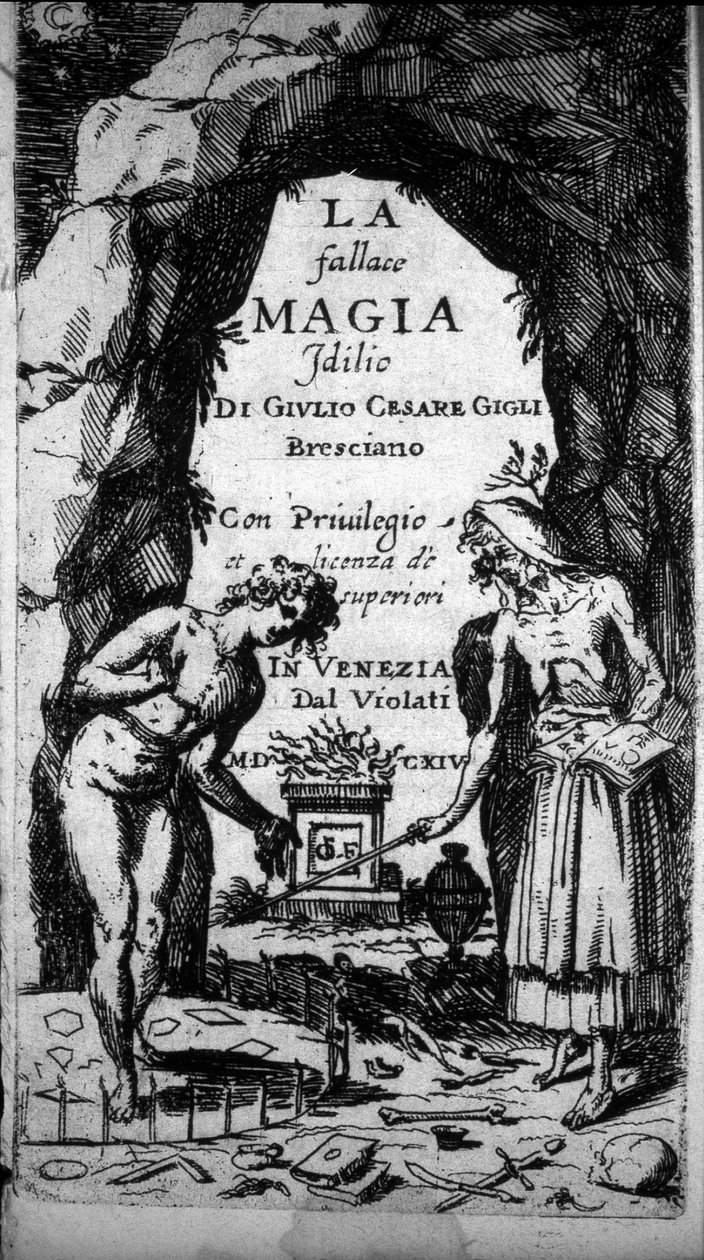 Frontispício de um livro que retrata bruxas executando ritos mágicos de Unknown artist