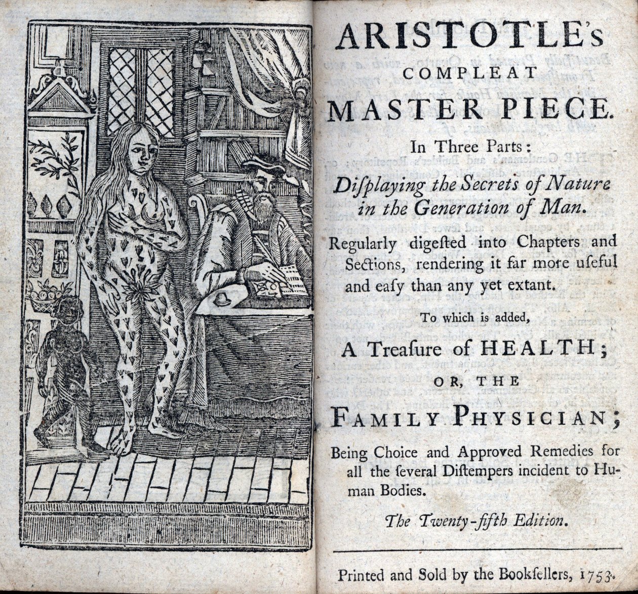 Frontispício de um tratamento médico do filósofo grego Aristóteles (384-322 AC). (A OBRA-PRIMA COMPLETA DE ARISTÓTELES EM TRÊS PARTES. MOSTRANDO OS SEGREDOS DA NATUREZA NA GERAÇÃO DO HOMEM) 1753 de Unknown artist