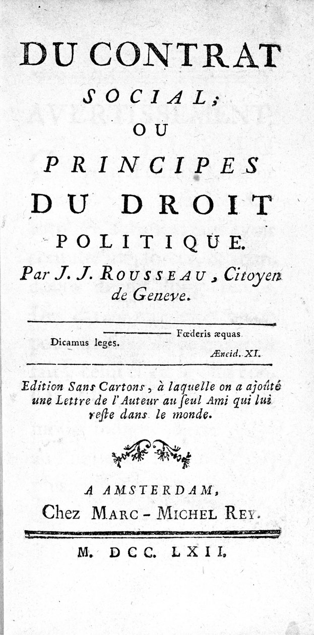 Frontispício do Contrato Social ou Princípios de Direito Político por Jean Jacques Rousseau (1712-1778), impresso em Amesterdão em 1762 de Unknown artist