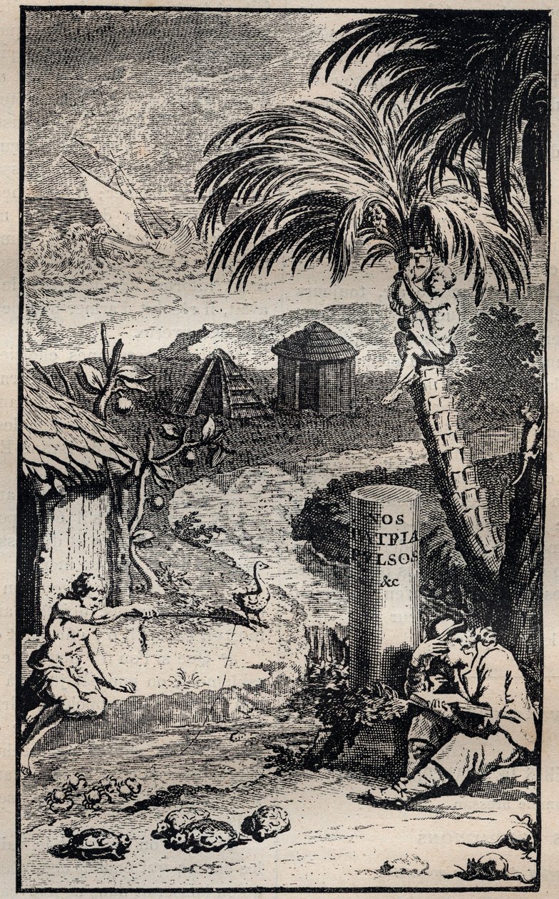 Frontispício do livro "Voyages et aventures de Francois Leguat et de ses compagnons en deux isles desertes des Indes Orientale" de François Leguat (1637-1735) Explorador francês - 1708 de Unknown artist