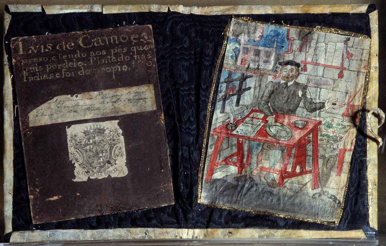 Frontispício da colecção de poemas do poeta português Luis Vaz de Camoes, conhecidos como os Camoanos (1525-1580). O poeta está preso lá. Lisboa, Museu Nacional de Arte Antiga de Unknown artist