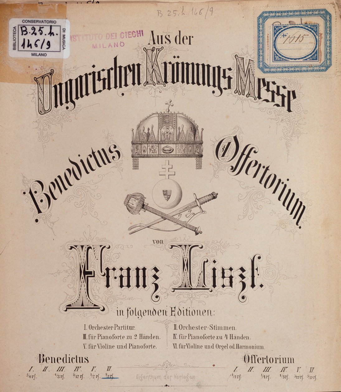 Frontispício da partitura Missa de Coroação Húngara de Liszt (século XIX) de Unknown artist