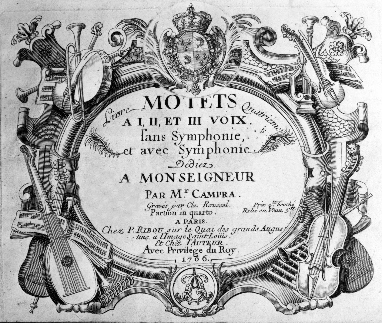 Frontispício da pontuação do quarto livro de motets de Andre Campra. 1706 de Unknown artist