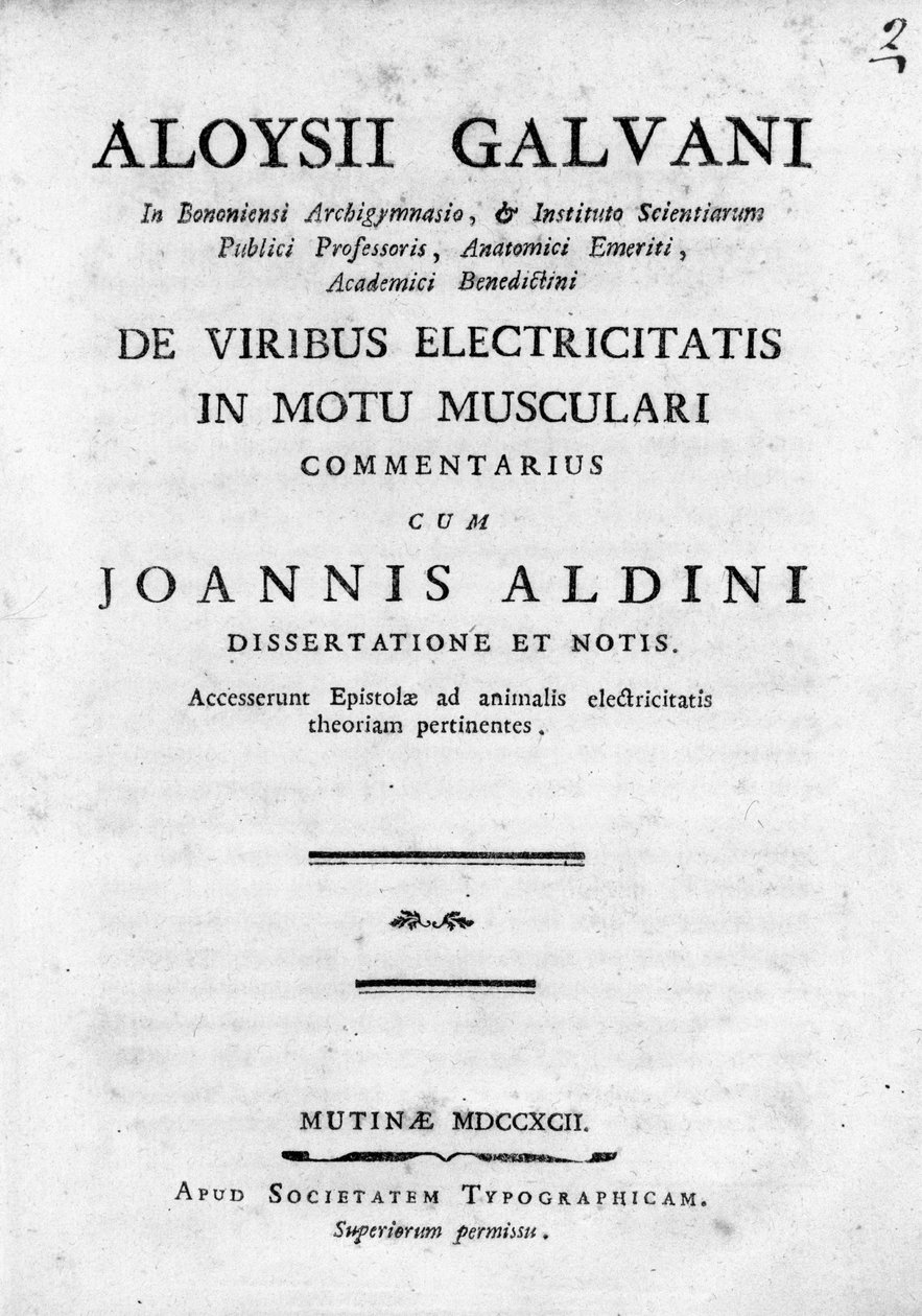 Frontispício de "De Viribus Electricitatis in Motu Musculari Commentarius" Um tratado sobre a circulação da electricidade nos músculos dos animais, de Luigi Galvani, físico italiano de Unknown artist