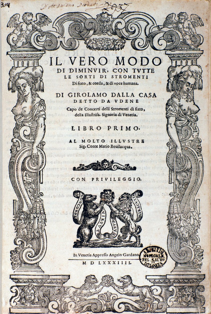 Frontispício do tratado “” Il vero modo di diminuir ”” sobre ornamentação de Girolamo Dalla Casa de Unknown artist
