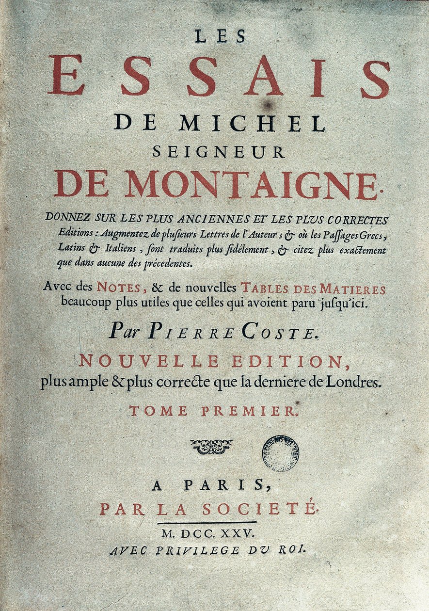Frontispício de "" Les essays "" do escritor e humanista francês Michel de Montaigne (1533-1592). 1725 Barcelona. Biblioteca de Catalunya de Unknown artist