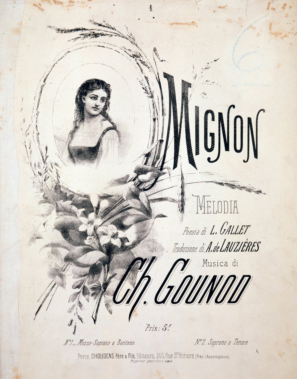 Frontispício de Mignon, melodia de Charles Gounod (século XIX) de Unknown artist
