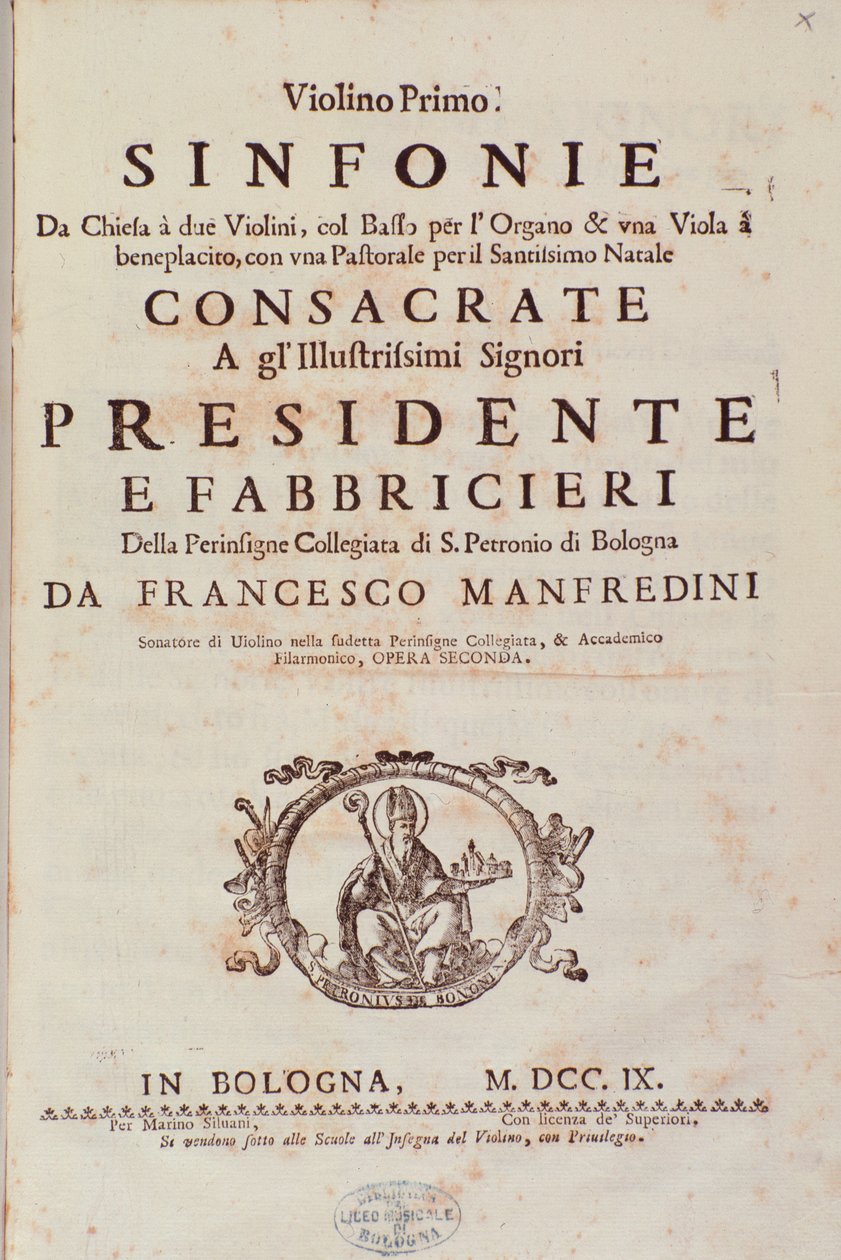 Frontispício da partitura da Sinfonia da Chiesa e devido violino de Francesco Manfredini de Unknown artist