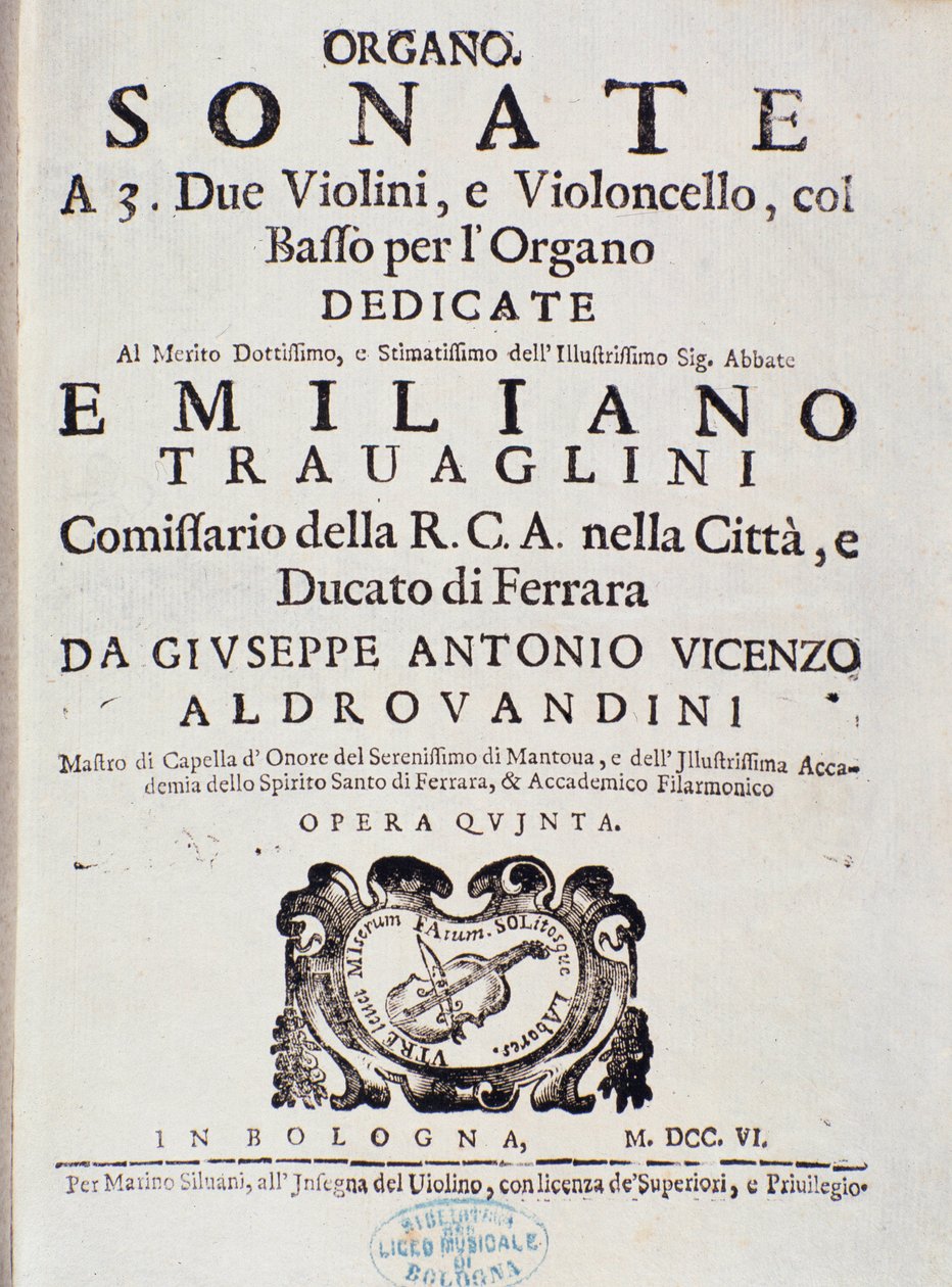 Frontispício da partitura musical de “” Sonata para 2 violinos, violoncelo e órgão, op. 5 ”” por Giuseppe Aldrovandini de Unknown artist