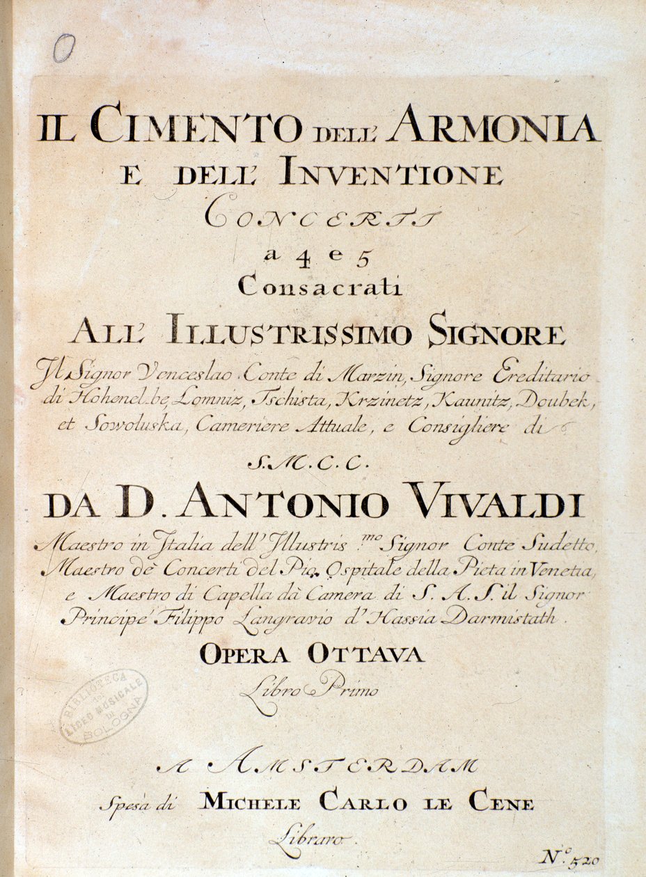 Frontispício da partitura musical de violino no concerto V em Il cimento dell