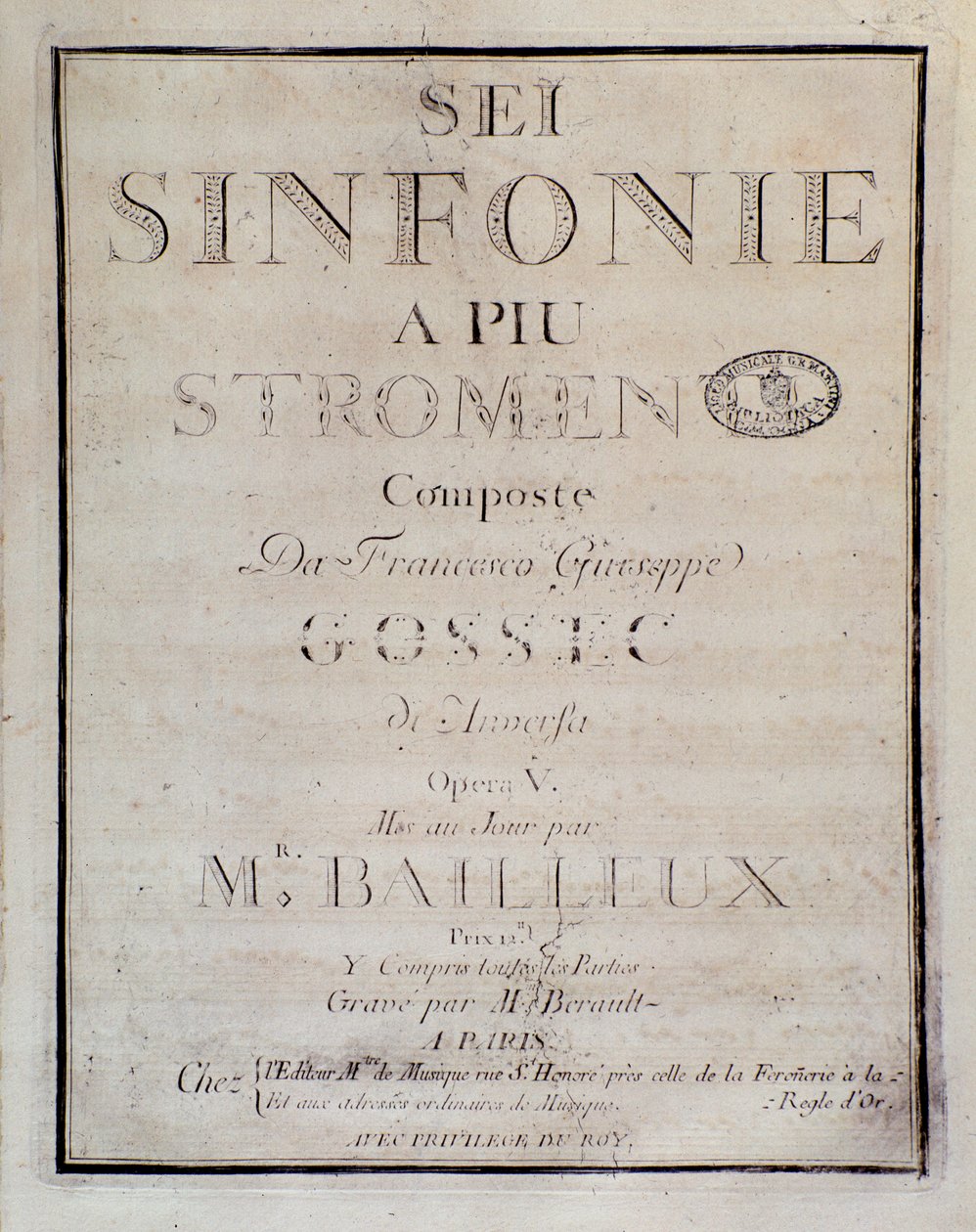 Frontispício da pontuação do Sei sinfonie a piu strumenti op. 5 (primeira sinfonia) por François Joseph Gossec de Unknown artist