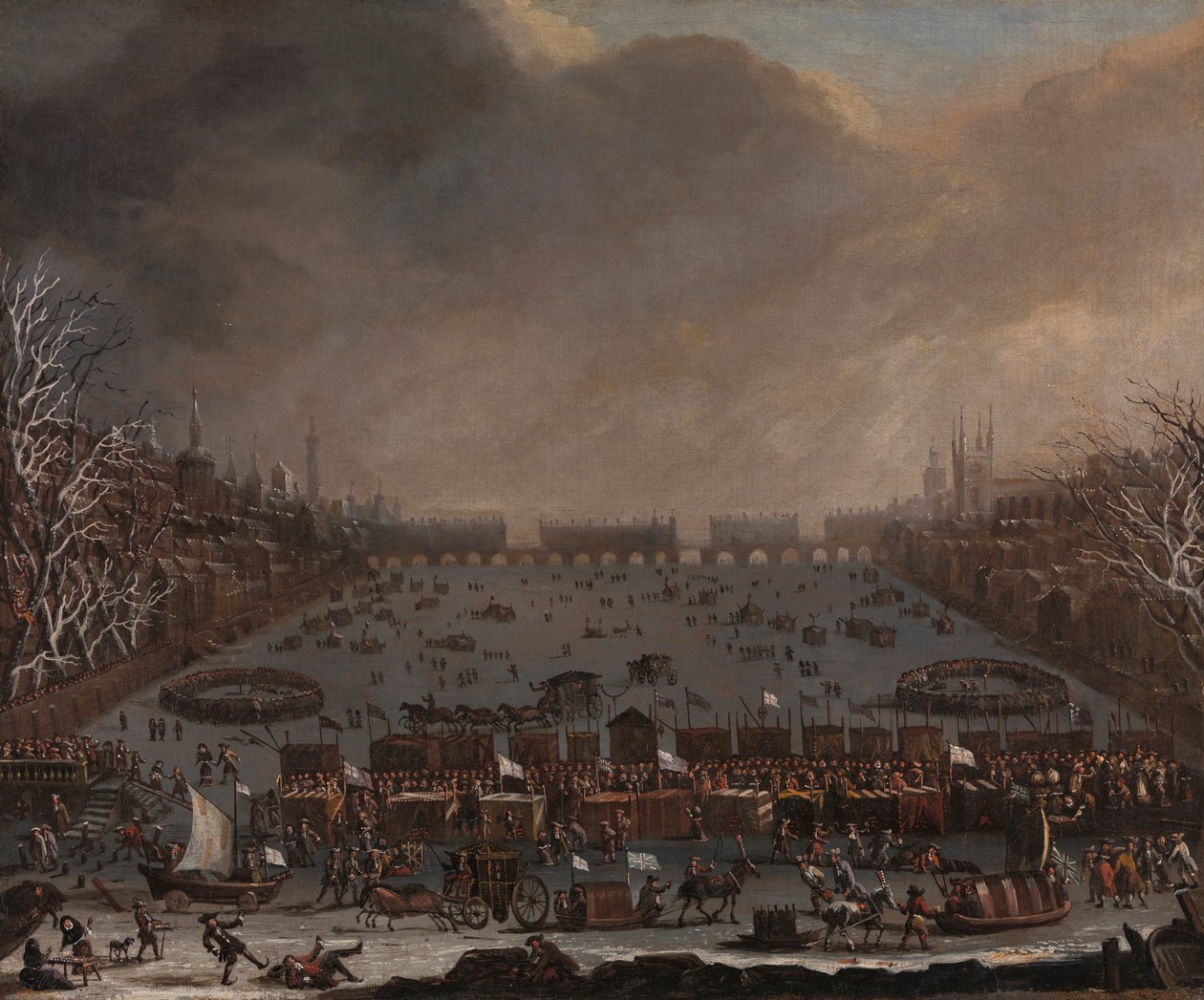 Feira Frost Fair no Tamisa, com a Old London Bridge à distância de Unknown artist